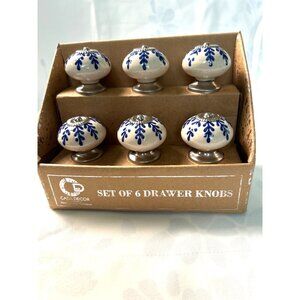 Set Of 6 Casa Decor Ceramic Drawer Knobs With Blue Floral Design Made In India